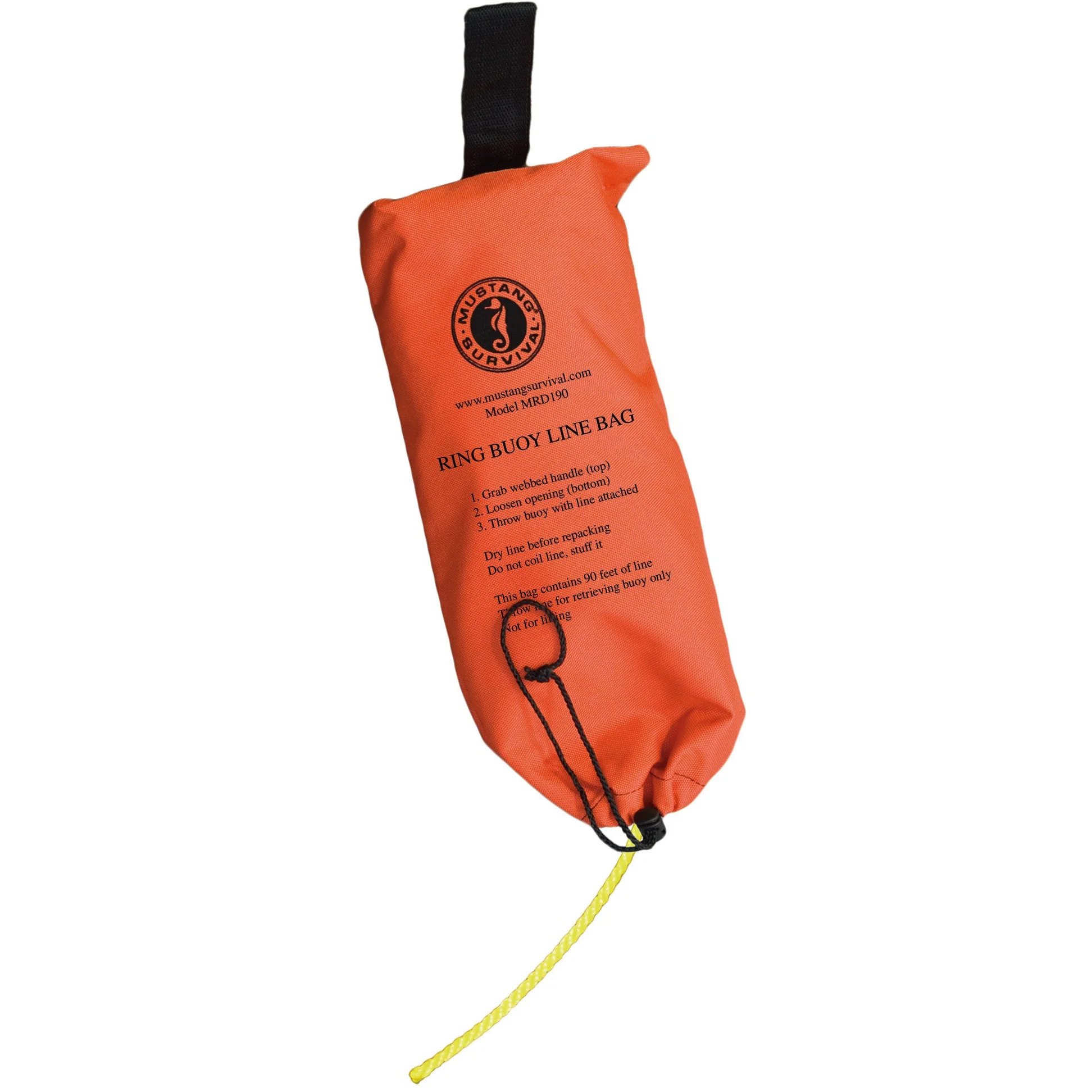 Mustang orange ring buoy line bag with yellow rope