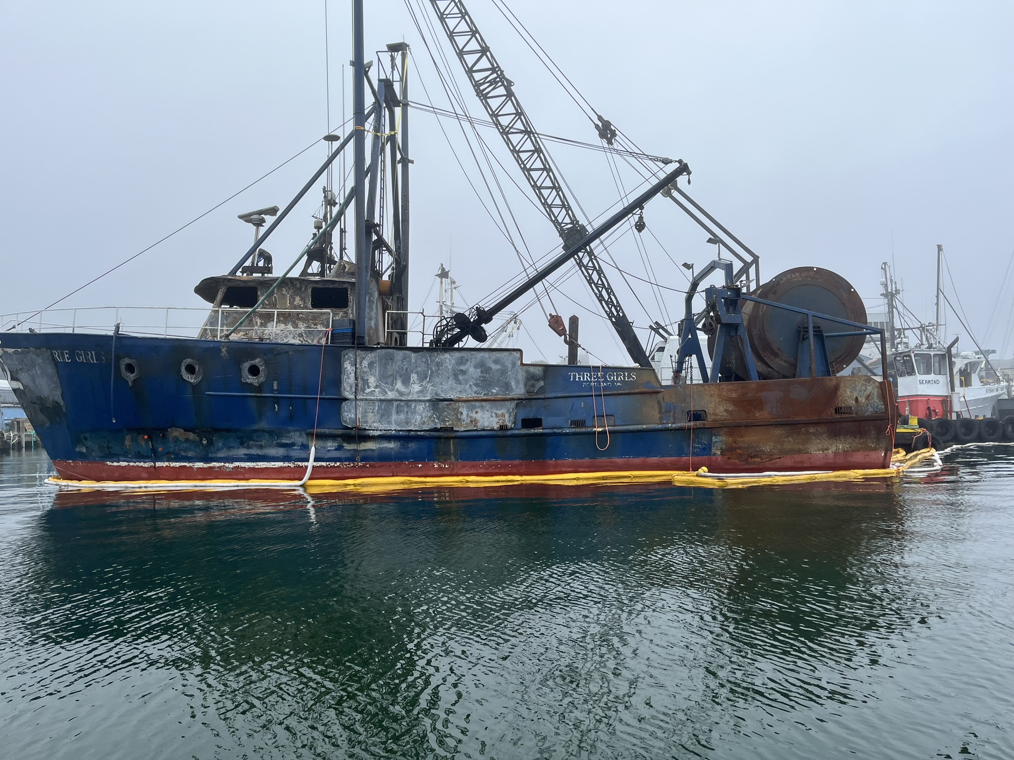 The fishing vessel Three Girls docked in Portland, Maine, after the fire